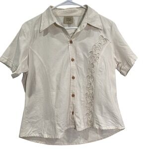 Womens Embroidered Button Up Shirt Beige Guayabera Artisanal Folk Boho Resort L
